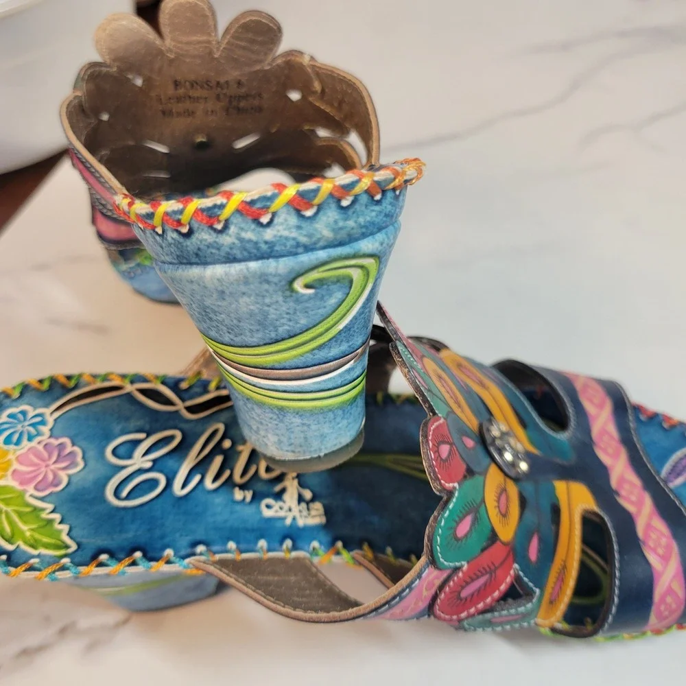 Elite by Corkys Bonsai Blue Leather Peacock Hand Painted Wedge Sandals Womens 6